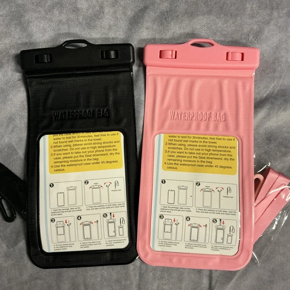 Universal Waterproof Phone Cases/Bags Set‎ Of 2 Pink&Black With Lanyards